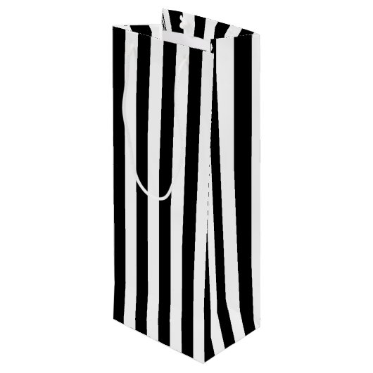 Verticale zwarte en witte strepen wijn cadeautas (Achterkant Gekanteld)