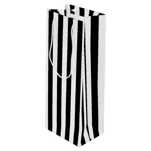 Verticale zwarte en witte strepen wijn cadeautas (Voorkant Gekanteld)