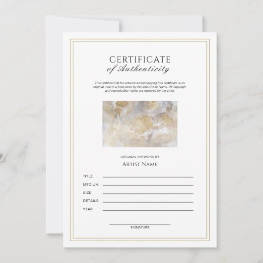 Verticle Certificate of Authenticity for Artwork Kaart (Voorkant)