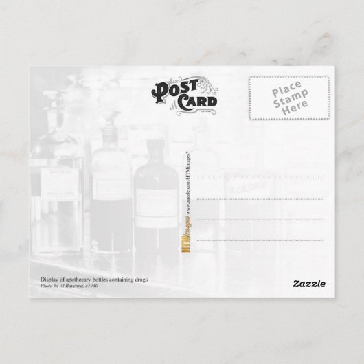 Vertoning van apothekerflessen die drugs bevatten briefkaart (Achterkant)