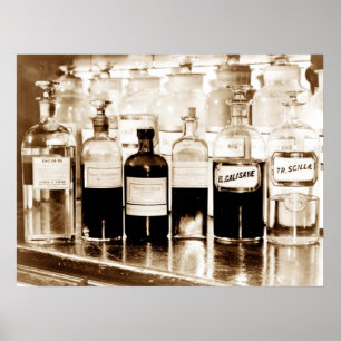 Vertoning van apothekerflessen die drugs bevatten poster