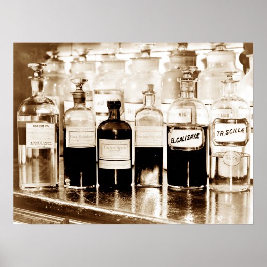 Vertoning van apothekerflessen die drugs bevatten poster (Voorkant)