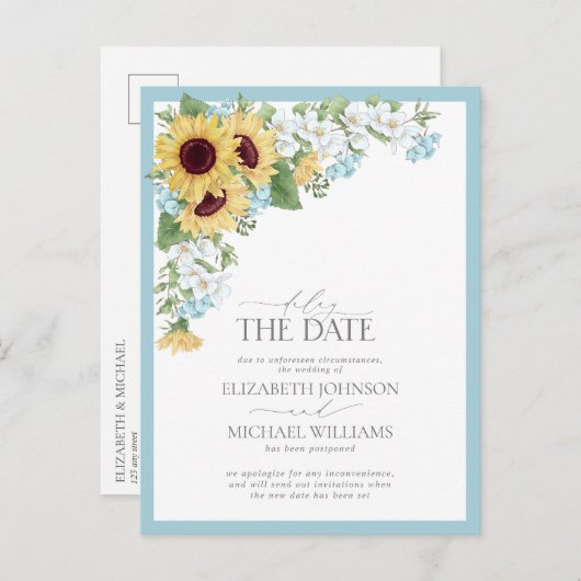 Vertraag de datum waarop de blauwe zonnebloempjes  aankondigingskaart (Voorkant / Achterkant)