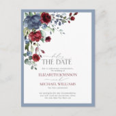 Vertraag het DateDusty Blue Burgundy Wedding Aankondigingskaart (Voorkant)