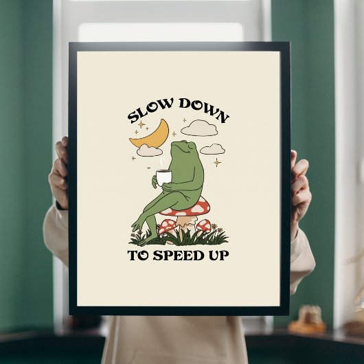 Vertraag Om Te Versnellen Retro Kikker Paddenstoel Poster