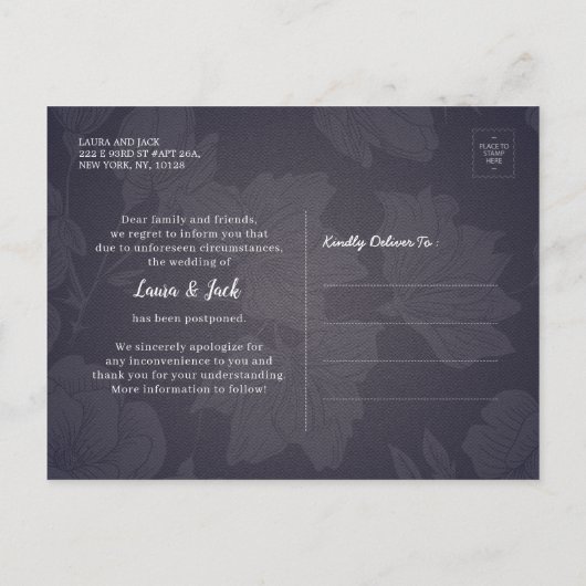 Vertraag onze Datum Uitstel van huwelijk legant Aankondigingskaart (Achterkant)