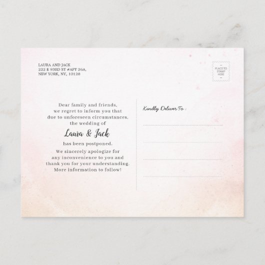 Vertraag onze Datum Uitstel van huwelijk legant Aankondigingskaart (Achterkant)
