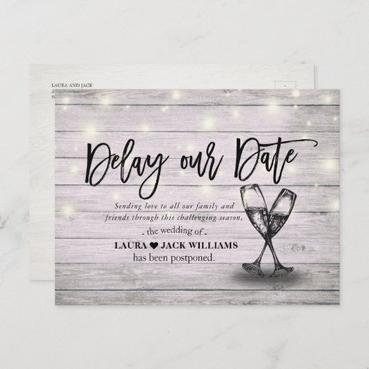 Vertraag onze Datum Uitstel van huwelijk Verschuiv Aankondigingskaart (Voorkant / Achterkant)