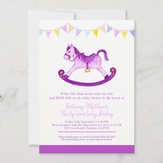 Vertraagde baby shower paarse schommelpaard met ba kaart (Voorkant)