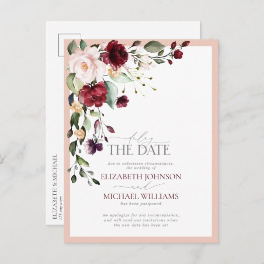 Vertraging van de datum Burgundy Blush Floral Wedd Aankondigingskaart (Voorkant / Achterkant)