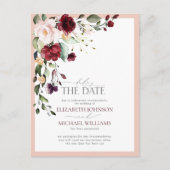 Vertraging van de datum Burgundy Blush Floral Wedd Aankondigingskaart (Voorkant)