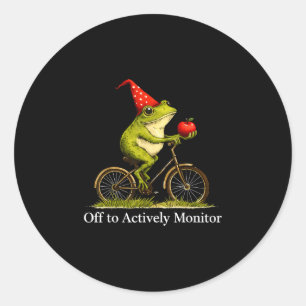 Vertrek om grappige kikker fietsende leraar actief ronde sticker