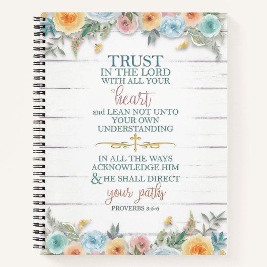 Vertrouw op de Heer met bloemen op hout Notitieboek (Voorkant)