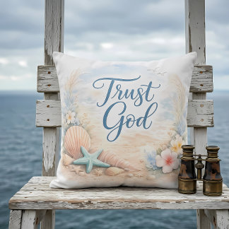 "Vertrouw op God" Kuststrand Aquarel Christelijk Kussen