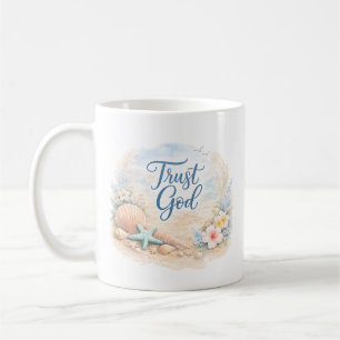 "Vertrouw op God" Kuststrand Aquarel Christen Koffiemok