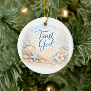"Vertrouw op God" Kuststrand Watercolor Christelij Keramisch Ornament