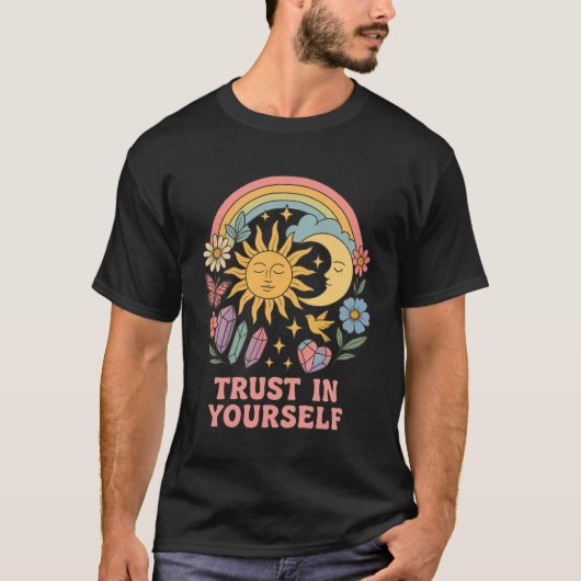 Vertrouw op jezelf - Retro Psychedelic Sun & Moon T-shirt (Voorkant)