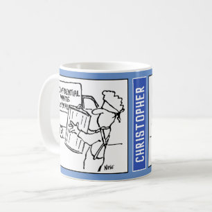 Vertrouwelijke Cartoon voor afvalverwijdering. Koffiemok