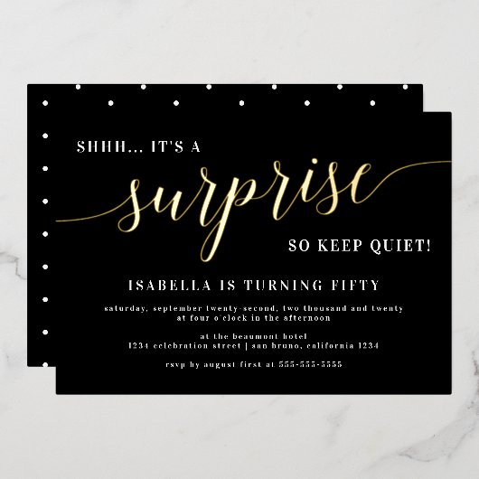 Vertrouwelijke feestdag in modern zwart-wit en Gol Folie Uitnodiging (Voorkant / Achterkant)