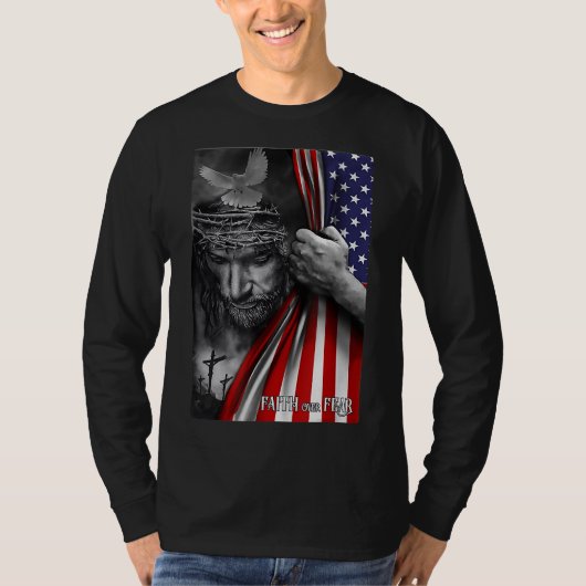 Vertrouwen over angst Jezus Christelijke vlag grap T-shirt (Voorkant)