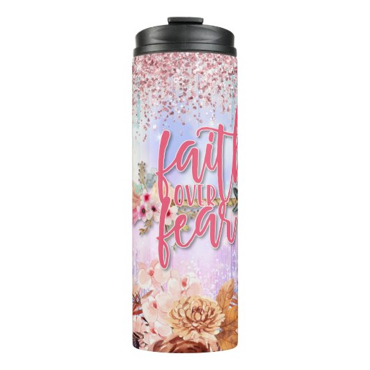 Vertrouwen over angst Roze Glitter Thermosbeker (Voorkant)