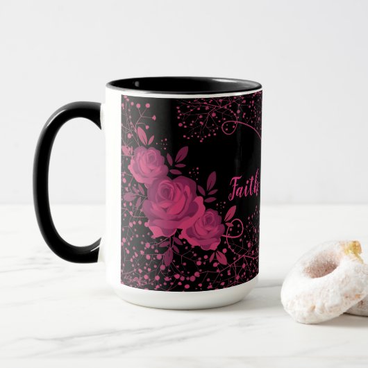 Vertrouwen over angst, roze rozen mok (Met donut)