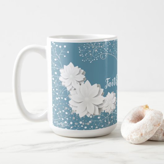 Vertrouwen over angst, witte bloemen koffiemok (Met donut)