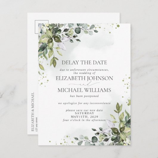 Vertrouwingsdatum Uitstel Eucalyptus Waterverf Aankondigingskaart (Voorkant / Achterkant)
