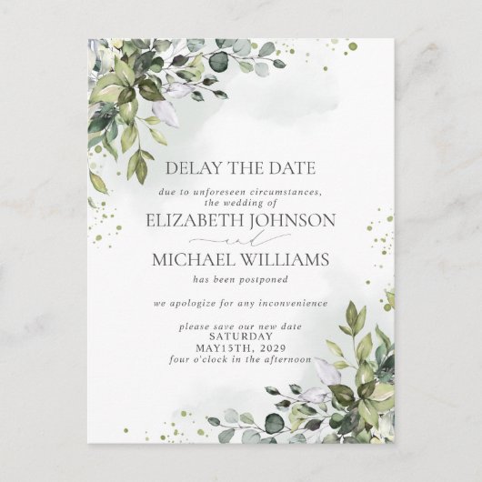 Vertrouwingsdatum Uitstel Eucalyptus Waterverf Aankondigingskaart (Voorkant)