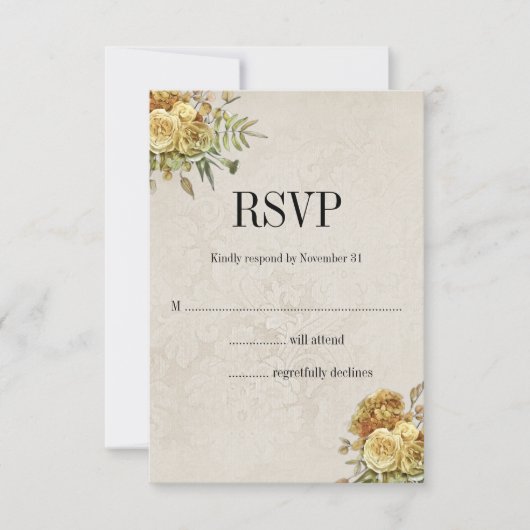 Vervaagd Behang en Gouden Rozen Bruiloft RSVP Kaartje (Voorkant)