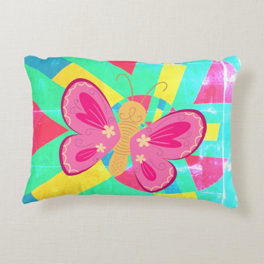 Vervaagd Blauwgroen patroon met roze vlinder Accent Kussen (Achterkant)