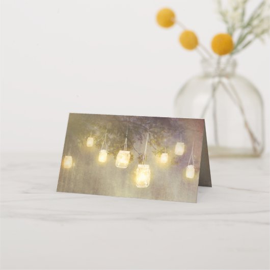 Vervaagd Mason Jar Lights Rustieke Bruiloft Plaatskaartje (Achterkant)