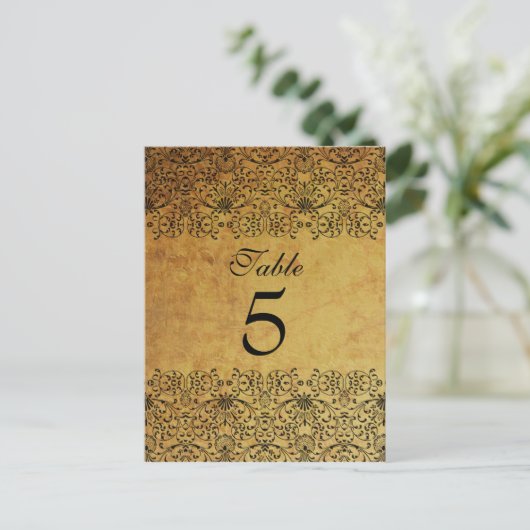 vervaagd zwart goud damask bruidstafel kaart (Staand voorkant)