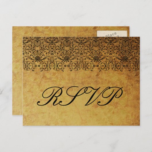 vervaagd zwart goud damask bruiloft RSVP-kaart Uitnodiging Briefkaart (Voorkant / Achterkant)