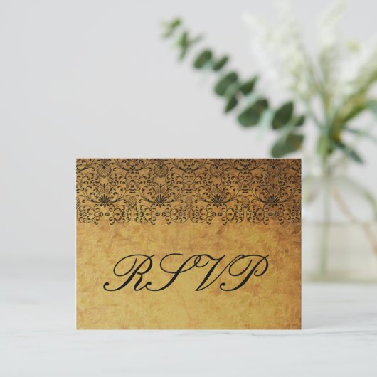  vervaagd zwart goud damask bruiloft RSVP-kaart Uitnodiging Briefkaart (Staand voorkant)