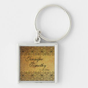  vervaagd zwart goud damask bruiloft sleutelhanger