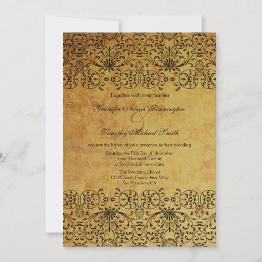 vervaagd zwart goud damask bruiloft uitnodiging (Voorkant)