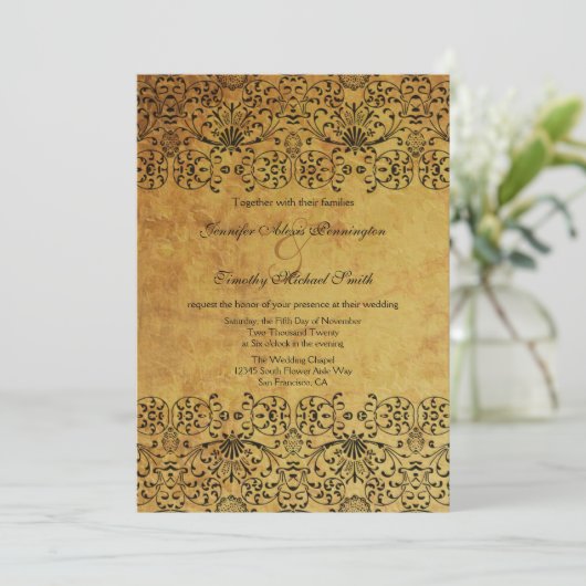  vervaagd zwart goud damask bruiloft uitnodiging (Staand voorkant)