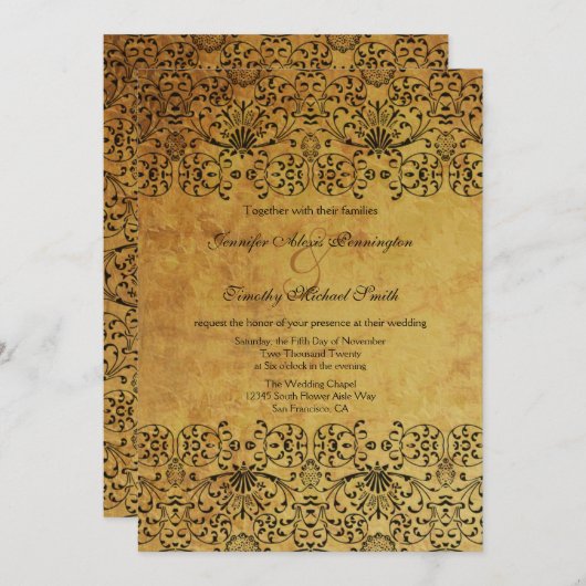 vervaagd zwart goud damask bruiloft uitnodiging (Voorkant / Achterkant)