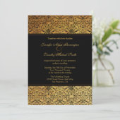 vervaagd zwart goud damask bruiloft uitnodiging (Staand voorkant)