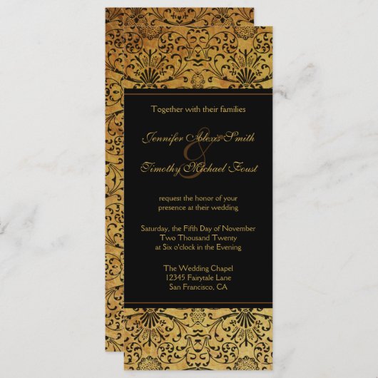 vervaagd zwart goud damask bruiloft uitnodiging (Voorkant / Achterkant)