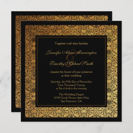 vervaagd zwart goud damask bruiloft uitnodiging (Voorkant / Achterkant)
