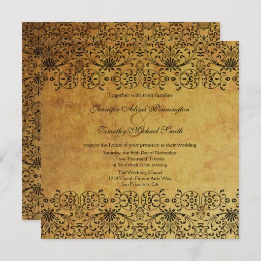  vervaagd zwart goud damask bruiloft uitnodiging (Voorkant / Achterkant)