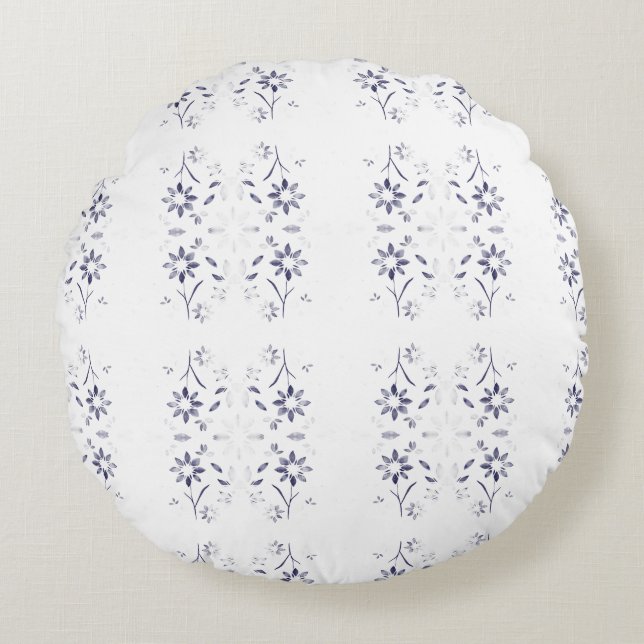 Vervaagde blauwe en witte bloemmotief rond kussen (Voorkant)