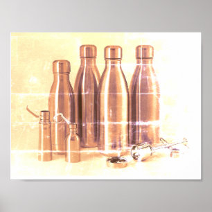 Vervaagde bruine stalen waterflessen op een retro  poster