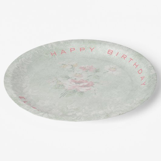 Vervaagde Rozen Shabby  Happy Birthday Papieren Bordje (Gekanteld)