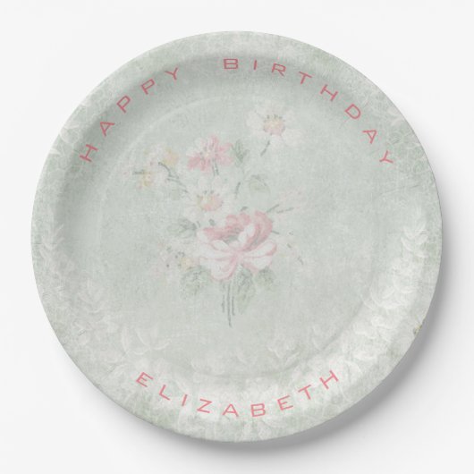 Vervaagde Rozen Shabby  Happy Birthday Papieren Bordje (Voorkant)