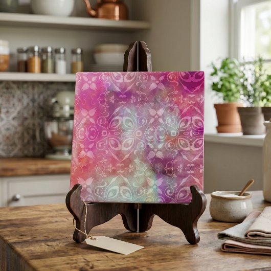 Vervaagde Witte Damast Boho Roze Paarse Waterverf Tegeltje