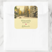 Vervaardigd met liefdessneeuw bedekte pijnbomen vierkante sticker (Tas)