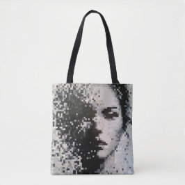 Vervagend grijs-wit pixelportret met emotie tote bag